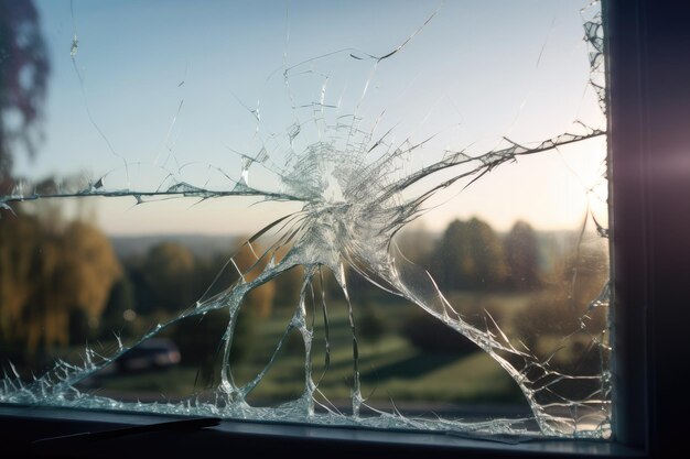 Fissure sur la vitre avec vue sur une scène paisible