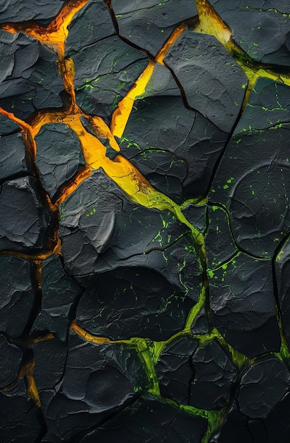 Des fissures brillantes comme de la lave dans une surface de texture sombre