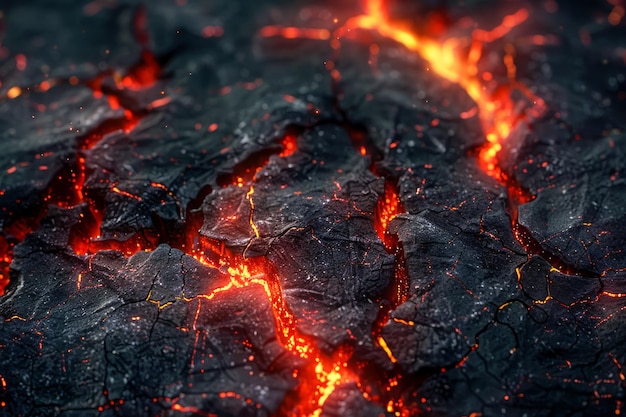 Photo des fissures de lave ardente dans la surface de la roche volcanique sombre, une chaleur intense et une activité géothermique en arrière-plan