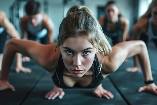 Fit les jeunes faisant des pompes dans une salle de sport et ayant l'air concentrés