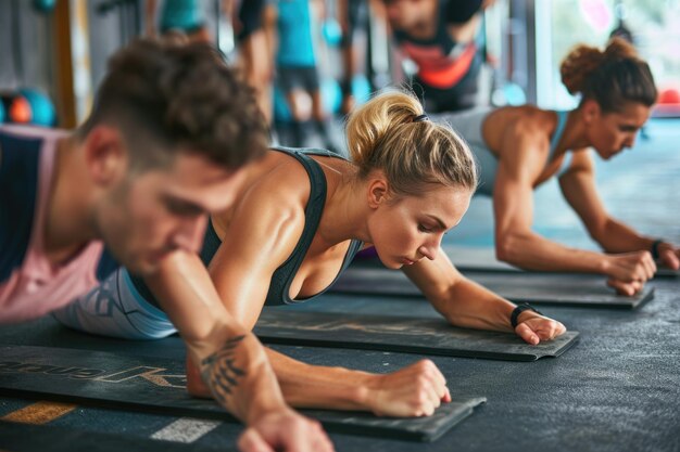 Fit les jeunes se sont concentrés sur la planche en cercle dans une salle de sport