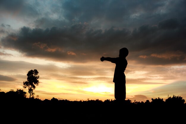 Fitness sur le lever du soleil de silhouette Le concept de bien-être de séance d&#39;entraînement de garçon.