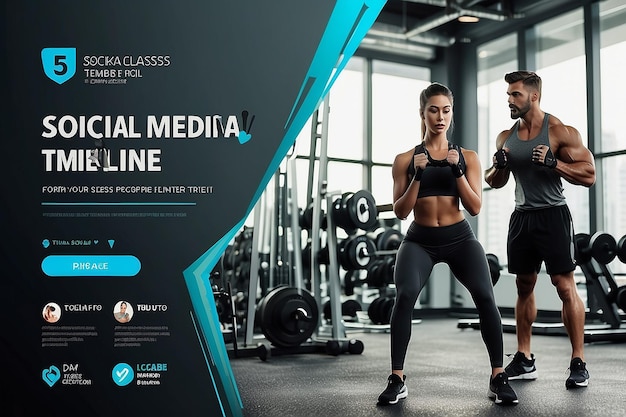 Photo fitness médias sociaux timeline conception de page de couverture pour votre entreprise business en ligne poste numérique pour le cours de gymnastique