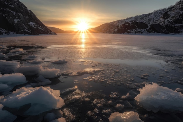 Fjord gelé au lever du soleil avec le soleil furtivement à l'horizon