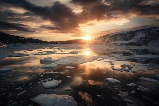 Fjord gelé avec ciel dramatique montrant le soleil couchant et reflété sur l'eau