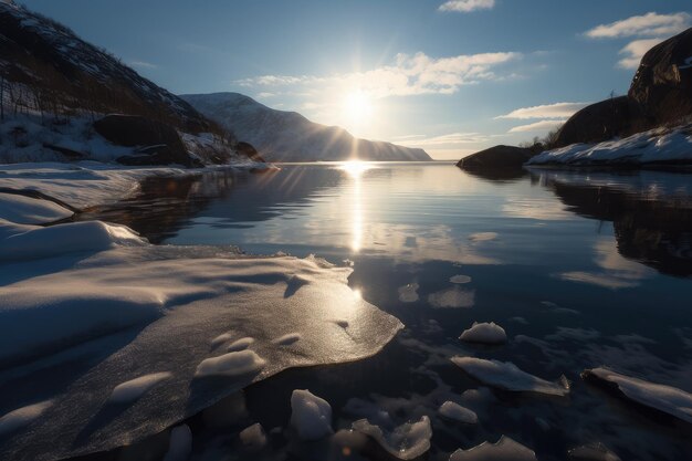 Fjord gelé avec de l'eau scintillante reflétant la lumière du soleil