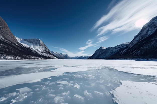 Fjord gelé vierge avec montagnes et ciel en arrière-plan