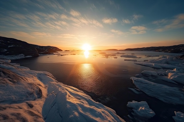 Fjord gelé avec vue sur le soleil se levant à l'horizon projetant des rayons chauds sur le paysage gelé