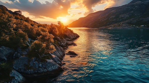 Des fjords norvégiens majestueux, des teintes chaudes du coucher de soleil, une vue aérienne de drone sur des eaux tranquilles, une scène détaillée du coucher du soleil, une IA générative.