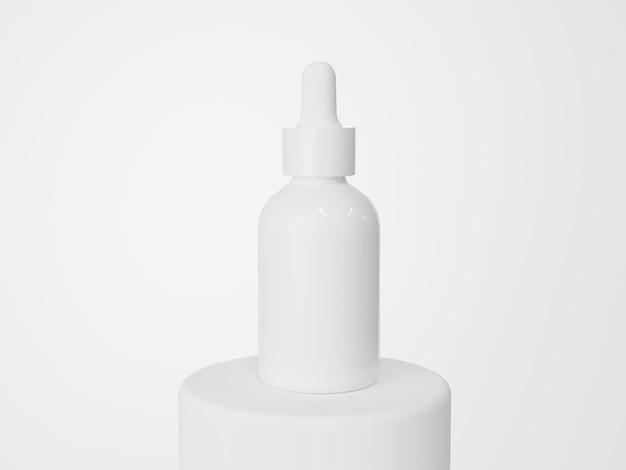 Flacon compte-gouttes de sérum cosmétique en verre blanc sur l'emballage du produit de soin de rendu 3D du podium