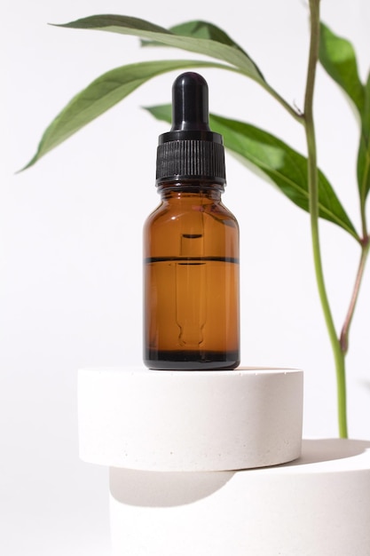 Flacon cosmétique avec compte-gouttes sur podium Récipient de sérum et brindilles de plantes sur fond blanc Concept de produits de beauté cosmétiques bio