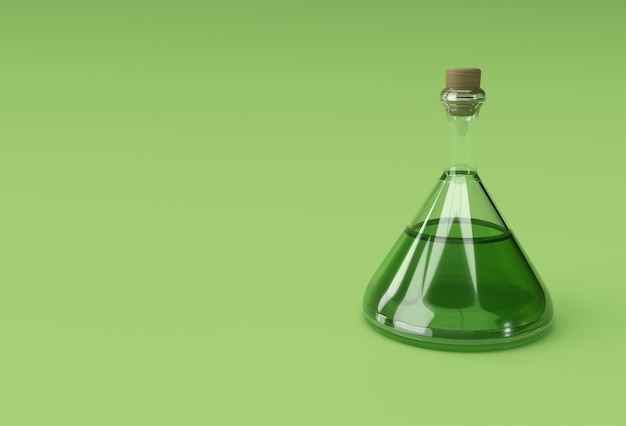 Le flacon de laboratoire de rendu 3D verse un flacon transparent chimique avec un liquide vert.