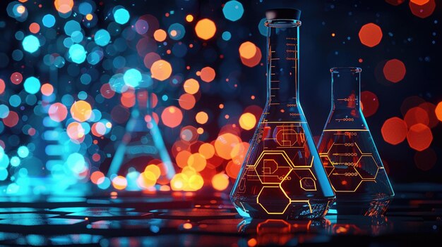 Un flacon lumineux avec des motifs numériques hexagonales à fond bokeh