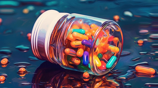 Flacon de médicaments renversant des pilules colorées illustrant le risque de dépendance généré par l'IA