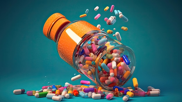 Flacon de médicaments renversant des pilules colorées illustrant les risques de dépendance générés par l'IA