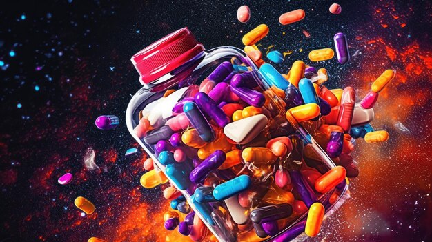 Photo flacon de médicaments renversant des pilules colorées illustrant les risques de dépendance générés par l'ia