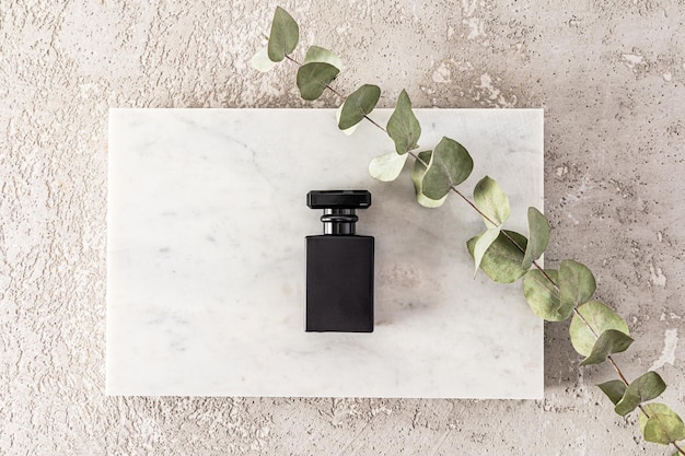 Un flacon noir mat chic de parfum pour hommes repose sur un morceau de marbre blanc avec une branche d'eucalyptus un modèle pour le parfum ou l'eau de toilette