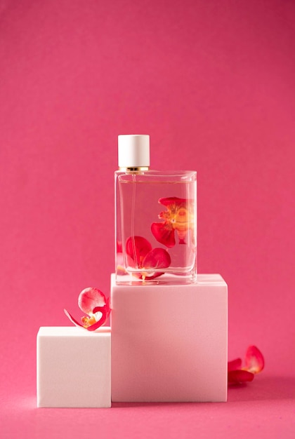 Flacon de parfum au parfum floral sur fond rose, gros plan