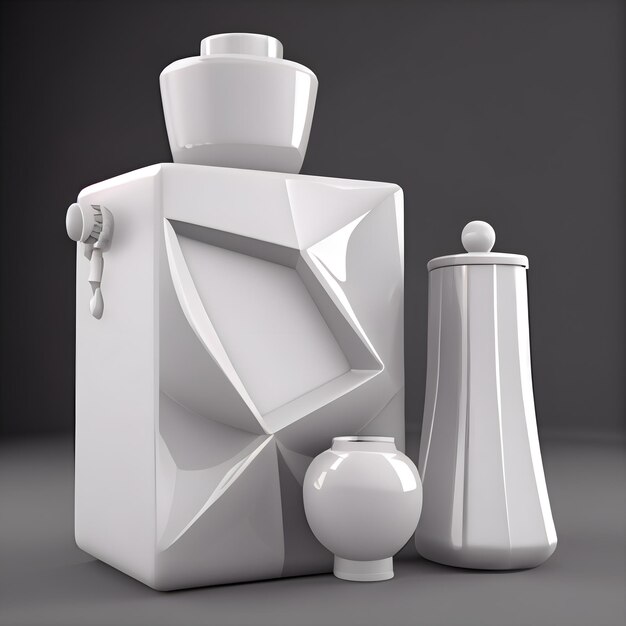 Photo flacon de parfum blanc avec vase sur fond gris rendu 3d