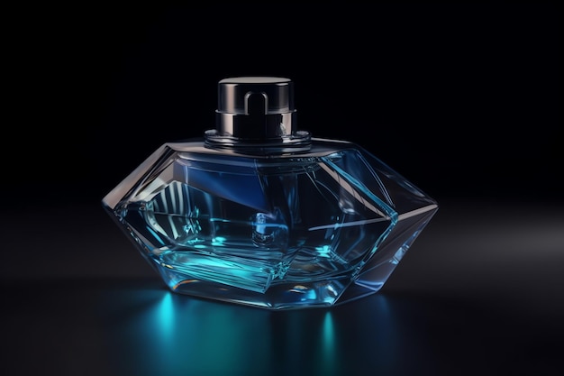 Un flacon de parfum bleu avec un bouchon argenté sur le côté.