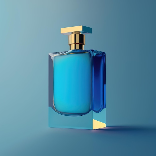 Flacon de parfum bleu sur fond plat bleu, simple et minimaliste