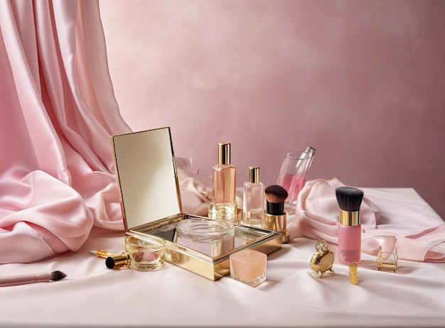 Flacon de parfum avec des cosmétiques de maquillage sur fond de tissu plié en soie rose parfum parfum produit de beauté cosmétique mise à plat