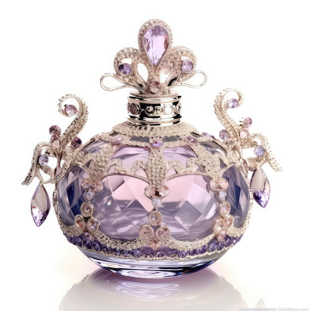 Un flacon de parfum avec une couronne violette et des cristaux.