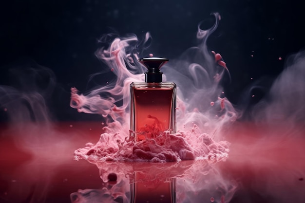 Flacon de parfum sur l'eau avec de la fumée rouge