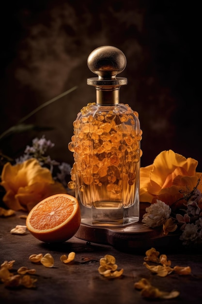 Flacon de parfum élégant cosmétique féminin avec des fleurs d'ambre et d'oranges sur fond ai génératif