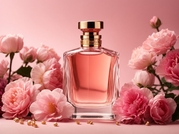 Flacon de parfum entouré de fleurs pour une belle et luxueuse vitrine de produits de beauté et un pré