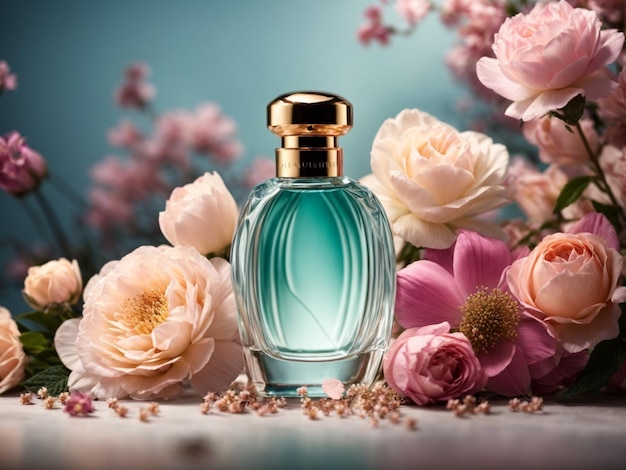 Flacon de parfum entouré de fleurs