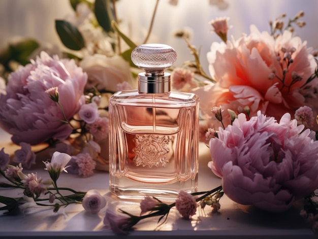 flacon de parfum entouré de fleurs