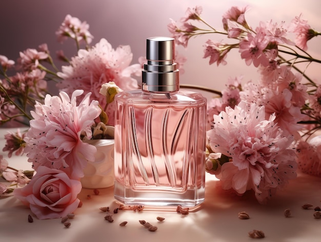 flacon de parfum entouré de fleurs