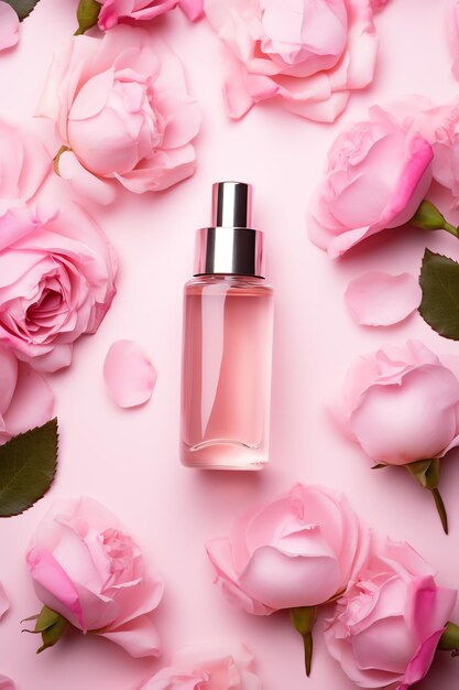 Un flacon de parfum entouré de roses roses