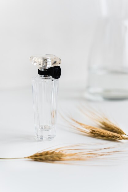 Flacon de parfum avec des épillets de blé sur fond blanc.