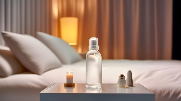 Un flacon de parfum est posé sur une table dans une chambre d'hôtel.