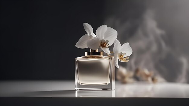 Un flacon de parfum avec une fleur blanche sur le côté