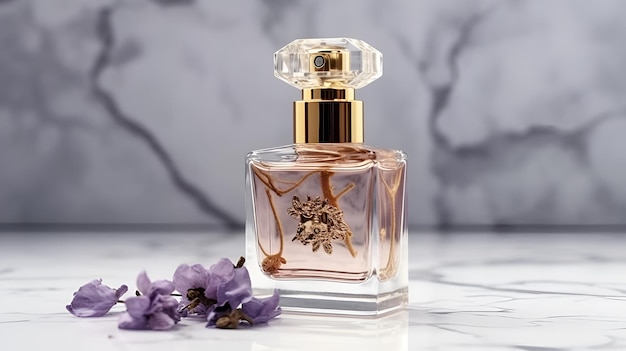 Un flacon de parfum avec une fleur sur le côté