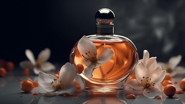 Un flacon de parfum avec une fleur sur le côté