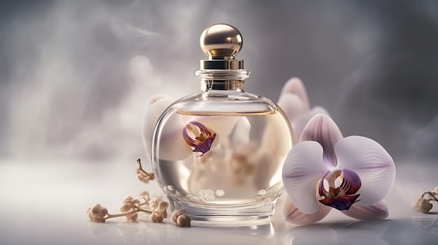 Un flacon de parfum avec une fleur sur le côté