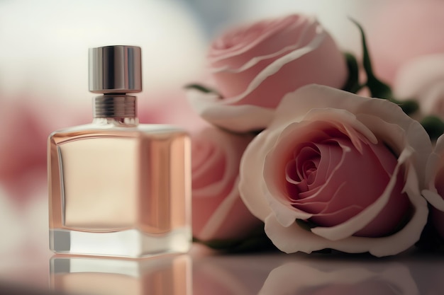 Flacon de parfum fleur de rose fraîche tons pastel délicat art généré par le réseau de neurones