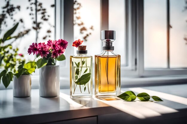 Flacon de parfum avec fleur rouge sur table en bois au soleil