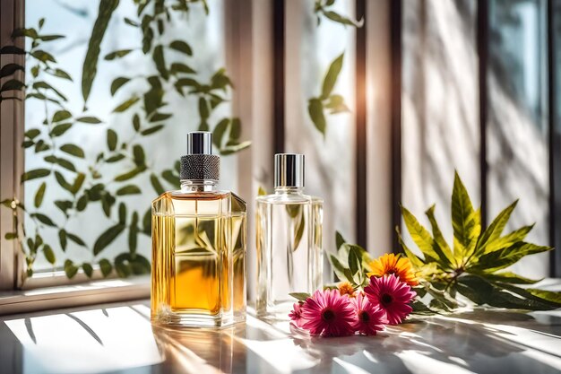 Flacon de parfum avec fleur rouge sur table en bois au soleil