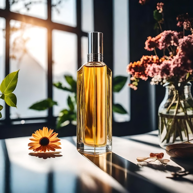 Flacon de parfum avec fleur rouge sur table en bois au soleil