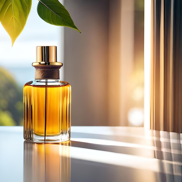 Flacon de parfum avec fleur rouge sur table en bois au soleil