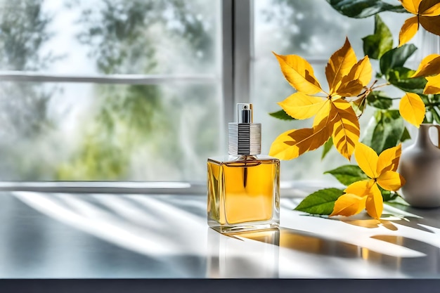 Flacon de parfum avec fleur rouge sur table en bois au soleil