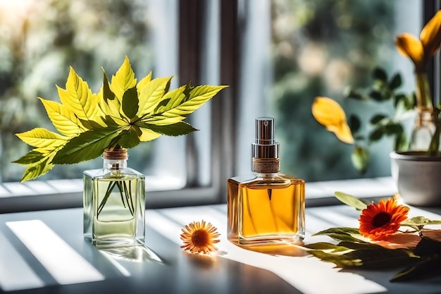 Flacon de parfum avec fleur rouge sur table en bois au soleil