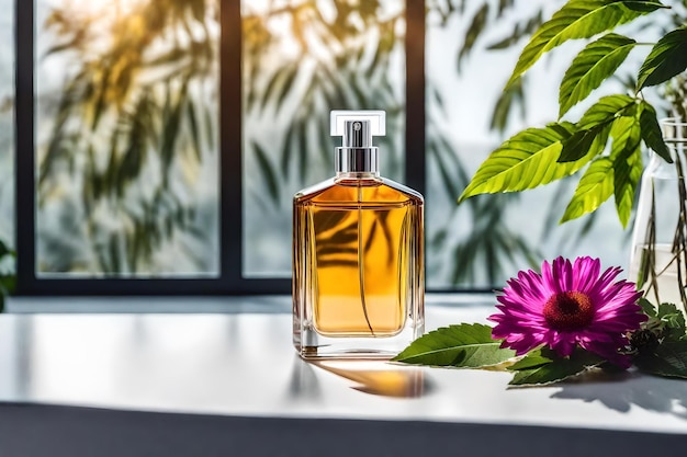 Flacon de parfum avec fleur rouge sur table en bois au soleil