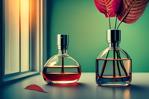 Flacon de parfum avec fleur rouge sur table en bois au soleil