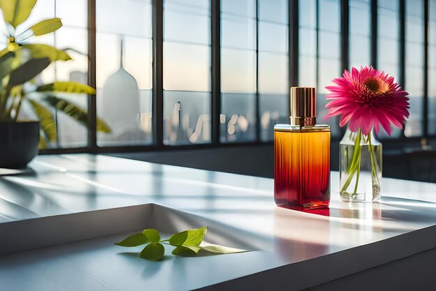 Flacon de parfum avec fleur rouge sur table en bois au soleil